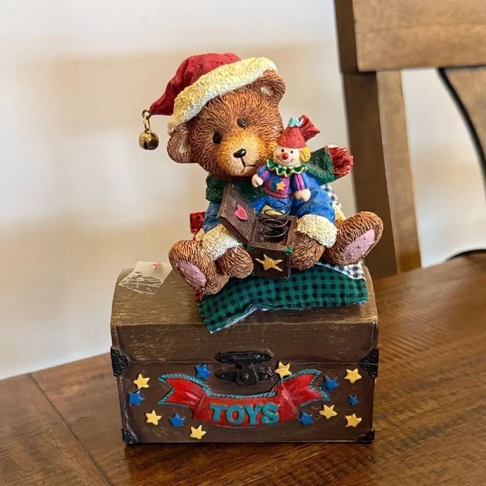 Vtg Russ Christmas Santa Teddy Bear OnThe Toy Cheat Music Box Plays Toyland